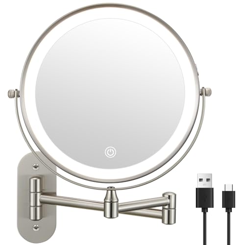 DECLUTTR 9" Wall Mounted Lighted Makeup Mirror, Rechargeable 1X/20X Magnifying Mirror with Light Double Sided, Touch Dimmable 3 Color Light, 360 Rotation Vanity Mirror
