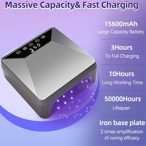 Rechargeable78W UV LED Nail Lamp for Gel Nails,Cordless Nail Dryer with Hidden Telescopic Stand for Hands & Feet,15600mAh Battery,30/60/99/180s Custom Timer,Mirror Base,Lock Screen for Salon Home