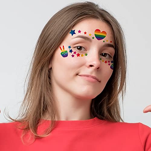 10 Sheets Gay Pride Face Temporary Tattoo Sticker, Rainbow Stripes Heart Star Butterfly Pattern Stickers, LGBT Facial Makeup Sticker for Pride Equality Party Parade Decoration Supplies