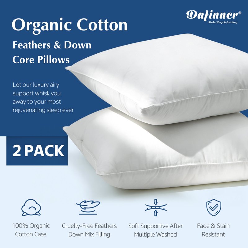 Organic Cotton Goose Feather Down Pillow Inserts 18x18 Inches Set of 2