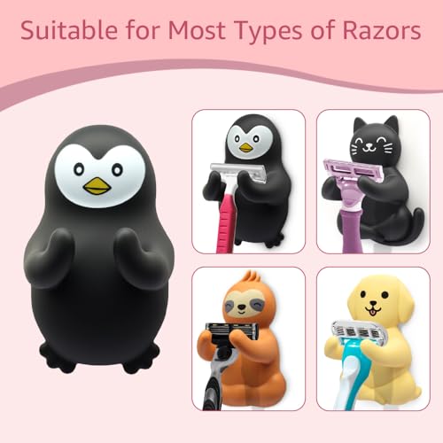 Animal Razor Holder for Shower, Cute Penguin Safety Razor Stand for Women Men, Razor Hanger for Family, Funny Shaver Holder for Friend Sister, Towel Squeegee Shaver Hooks for Bathrooms Wall C
