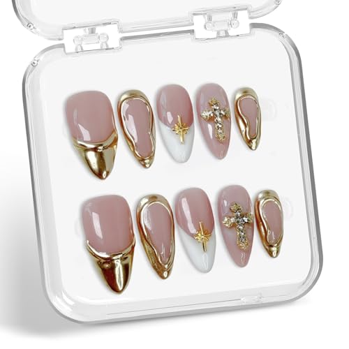 Handmade Press on Nails Golden French Tip Medium Almond False Nails Luxury 3D Metallic Rhinestones Design Muti-Layer Gel Thickened Acrylic Nail Full Cover Stick on Nails for Women (S)