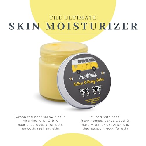 Vanman's - Tallow and Honey Balm Jumbo - Tallow Face Moisturizer with Pure Grass-Fed/Finished Beef Tallow for Skin and Essential Oils, Organic Raw Honey and Beeswax, Cold Pressed Olive Oil - 6.3 oz