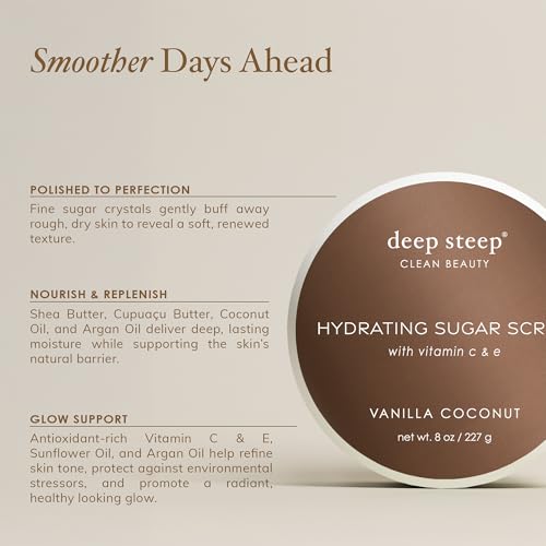 Deep Steep Sugar Scrub, Brown Sugar Vanilla, 8 oz ? Exfoliating Body Scrub with Organic Coconut Oil, Shea Butter & Argan Oil ? Vegan, Clean Beauty, Smooth, Soft & Nourished Skin