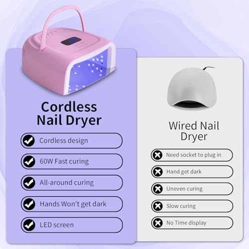 Rechargeable LED Gel Nail Lamp,60W Cordless UV Led Nail Light Nail Dryer for Gel Nails with Lifting Handle Touch Sensor LCD Screen (Pink)
