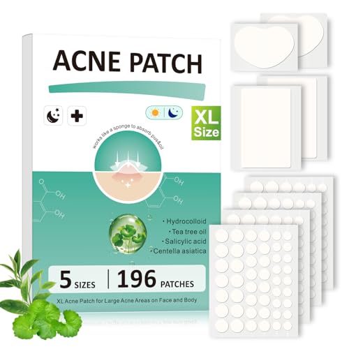 Large Hydrocolloid Pimple Patches for Face, Variety Pack 5 Sizes 196 Count, XL Invisible Acne Spot Dots Stickers for Chin, Nose, Back, Forehead Zits, Blemishes & Breakouts, Tea Tree Oil Salicylic Acid