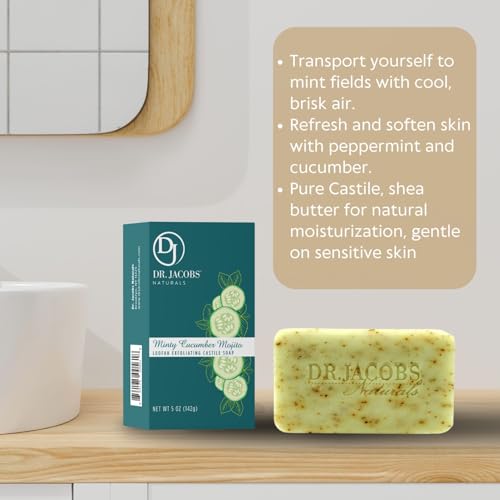 DR.JACOBS NATURALS Castile 5 oz Bar Soap for Face and Body Triple Milled Loofah Exfoliating Vegan (Minty Cucumber Mojito)(4-pack)