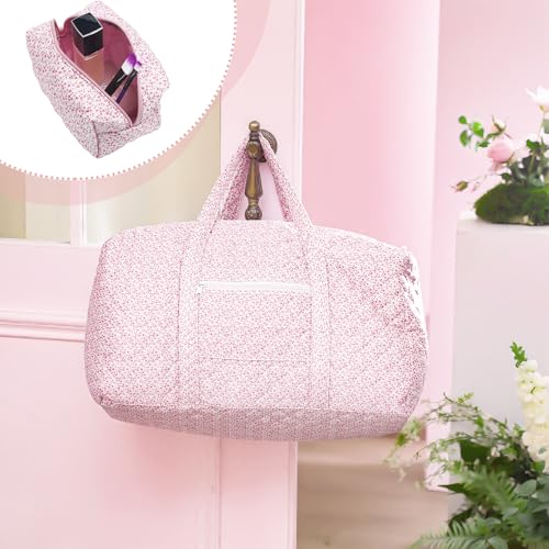 2 Pack Floral Travel Duffel Bag Large Quilted Travel Duffle Bag and Floral Makeup Pouch Portable Gym Lightweight Weekender Organizer with Zipper Pockets Grocery Pouch for Women(Pink)