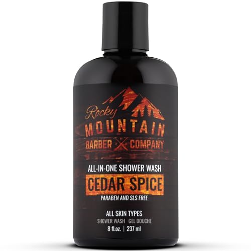 Rocky Mountain Barber Company Cedar Spice All-In-One Body Wash ? Shampoo, Body Wash, Conditioner, Face Wash & Beard Wash with Essential Oils - 8 oz