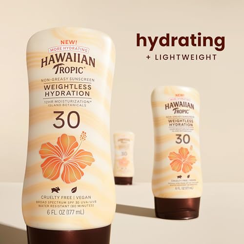 Hawaiian Tropic Weightless Hydration Lotion Sunscreen SPF 30,6Fl Oz Twin Pack,Oil Free Sunscreen,Hawaiian Tropic-Sunscreen SPF 30,Oxybenzone Free-Sunscreen,Body-Sunscreen,6Fl Oz each,(Pack of 2)