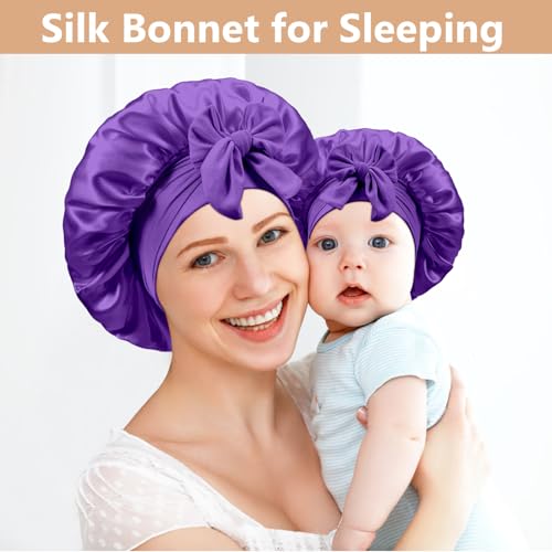 2 PCS Mommy and Me Bonnet Set, Silk and Satin Bonnets for Sleeping with Elastic Tie Band, Adjustable Hair Bonnets for Women, Girls, Kids and Toddlers (Dark Purple)