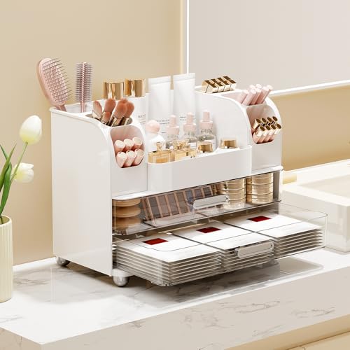 Makeup Organizer for Vanity with 2 Large Drawers, Cosmetic Display Case with Brush Holders, Easy to Storage for Bathroom Countertop Skincare, Perfume, White