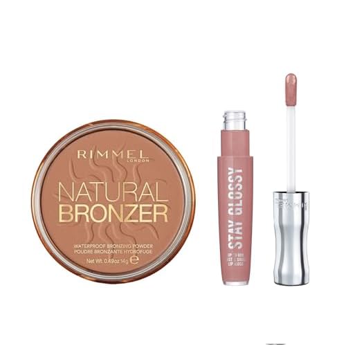 Rimmel Powder Natural Bronzer, Sun Bronze & Stay Glossy Lipgloss 6 Hour Lip Gloss, Seduce Me Bundle