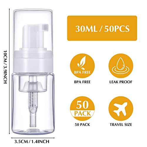 50 Pack Foam Pump 1oz/30ml Refillable Dispenser Travel Size Plastic Mini Bottle for Lash Shampoo, Cleaning, Cosmetics - Portable Clear Foaming Packaging
