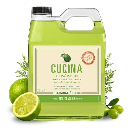 Cucina Fruits & Passion Hand Soap Refill, Lime Zest & Cypress, 1 L (33.8 fl oz) ? Liquid Hand Soap with Olive Oil, Biodegradable, Vegan Formula, Kitchen & Bathroom