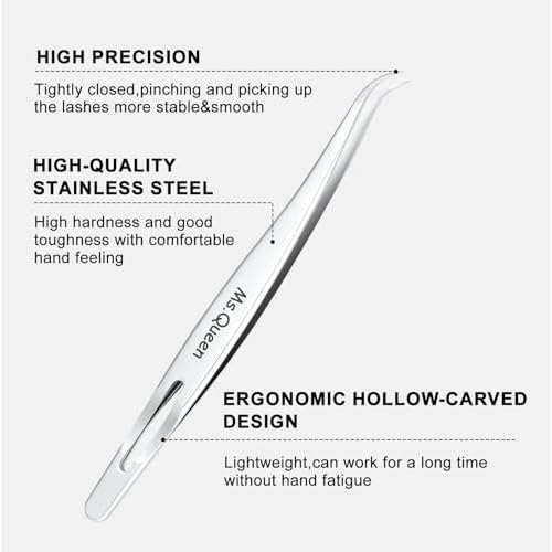 Ms.Queen Lash Tweezers for Eyelash Extensions, 5 Pcs Tweezers Set Professional Fine Tip Curved 45 Degree Lash Tweezers for Classic, Volume & Mega Volume Lashes - Ideal for Lash Artists