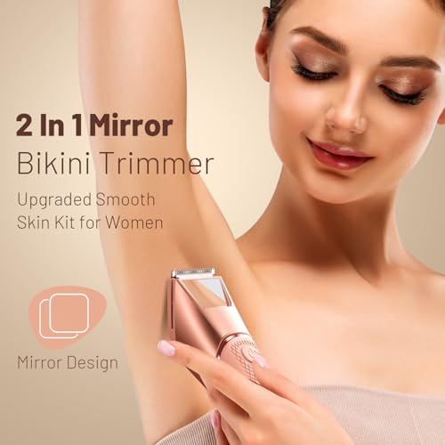 Rechargeable Bikini Trimmer for Women: Pubic Hair Razor with Mirror & LED Light - IPX7 Waterproof Electric Shaver, Travel Lock & Ceramic Blades for Legs Underarm - Punch Pink