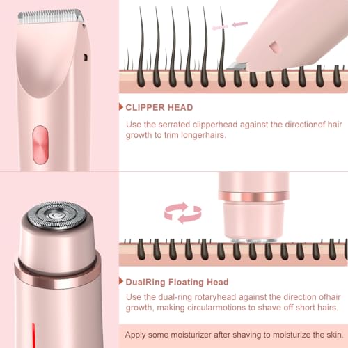 Bikini Trimmer for Women 2 in 1 Dual Head - IPX7 Waterproof Painless Electric Razors for Beauty, Pubic Hair, Face, Legs & Underarms? Portable Cordless Shaver with Fast Charging, Easy Cleaning (Pink)