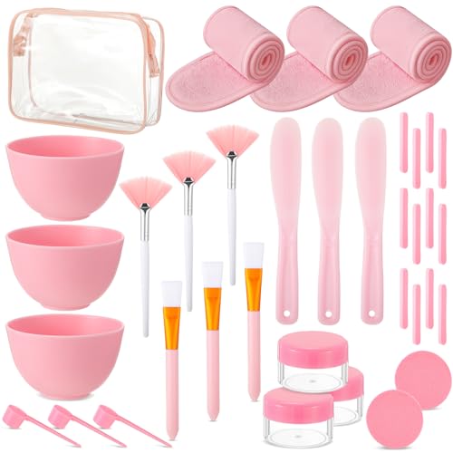 LemonRoad 34 Pcs Esthetician Facial Supplies Include Facial Bowls Brushes Jars Measuring Spoons Hairbands Esthetician Essentials Valentines Gift Set For Women(Pink)