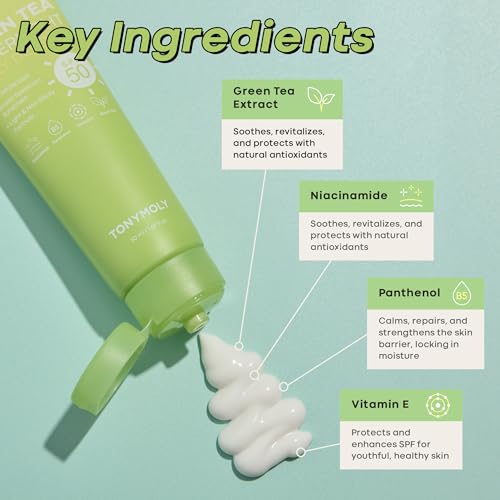 TONYMOLY Green Tea Korean Sunscreen SPF 50 ? Non-Greasy Broad Spectrum Face Sunscreen with Niacinamide, Panthenol & Hyaluronic Acid, Travel Size 50ml