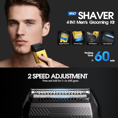 DSP 4-in-1 Men's Grooming Kit, Manscape Adjustable Beard Trimmer, Body Trimmer, Nose Hair Trimmer & Foil Shaver, IPX7 Waterproof, LED Display, Cordless for Face & Body, for Home, Gift for Men