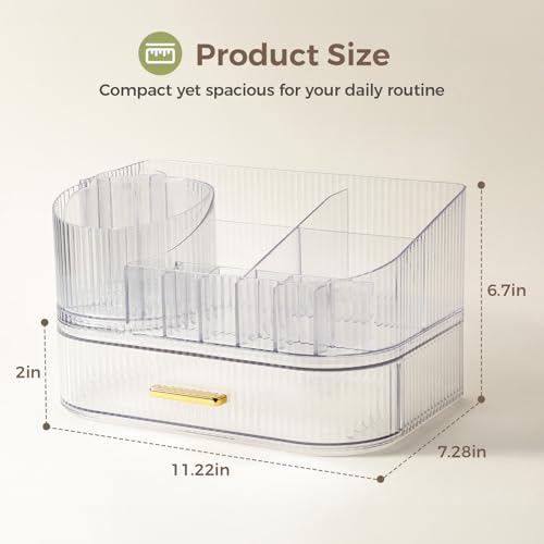 Delamu Makeup Organizer for Vanity with Stackable Drawers, 360 Rotating Makeup Brush Holder Large Cosmetic Display Case, Bathroom Skincare Storage, Crystal Clear, Ideal Christmas Gifts for Girls