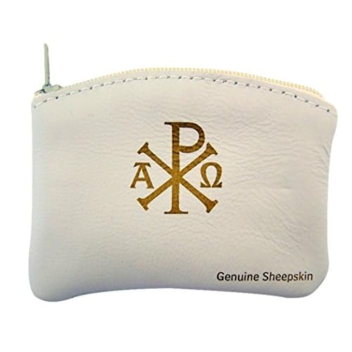 WJ Hirten Ava Maria and Chi Rho Cross Sheepskin Leather Rosary Bag Case with Velvet Lining, White, 3 1/4 Inch