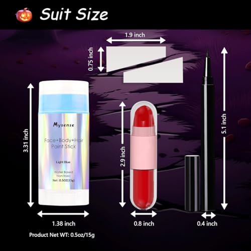 Mysense Sally Makeup Kit,Halloween Corpse Bride costume,Sally Face Cosplay Accessories for Women,Light Blue Face Paint+Red Double-Ended Lipstick+Black Eyeliner+Sponges
