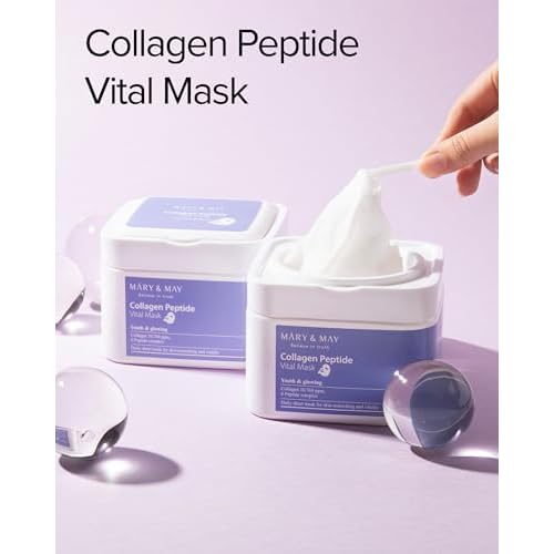 Mary&May Collagen Peptide Vital Mask (30 Sheets) ? Pull-Out Case with Hydrolyzed Collagen & 6 Peptides, Firming & Fine Line Appearance Care, Hydrating Korean Sheet Mask for Mature Skin