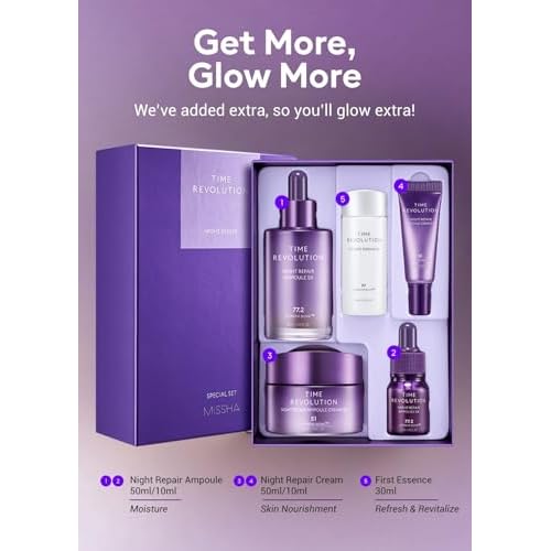 MISSHA Time Revolution Night Repair 5X Gift Set Night Repair Ampoule and Cream 5X, The First Essence 5X for Youthful, Glass Skin, Korean Skin Care