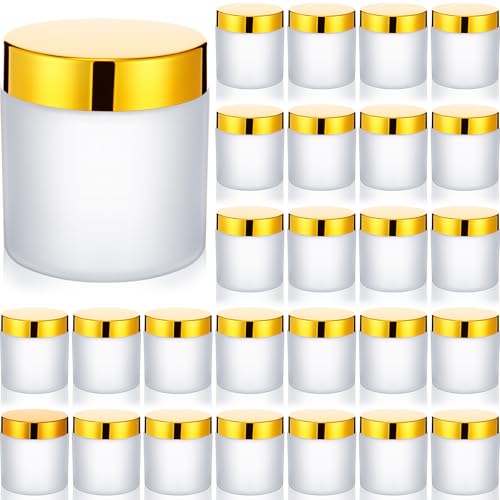Geiserailie 30 Pcs 3.5oz Glass Jars with Plastic Wood Grain Lids Leakproof Airtight Empty Cosmetic Jars Sample Containers for Storing Lotions Powder Ointments Candle Making(Gold)