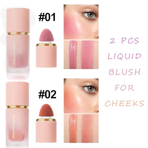 2 Pcs Liquid Blush for Cheeks, Soft Liquid Blush Natural Glow Makeup Red Blushwith Applicator High-Pigmented Cream Blush Liquid Long-Wearing Blush Set Mini Blush
