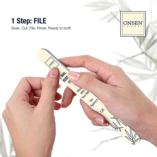 Onsen Secret Japanese Nail Reboot Cuticle Oil Kit | Buffer and Shine Kit w/ Professional File, 3-Way Buffer Block & Free Replacement Pads | Strengthening Combo for Healthy Nails, 1pk