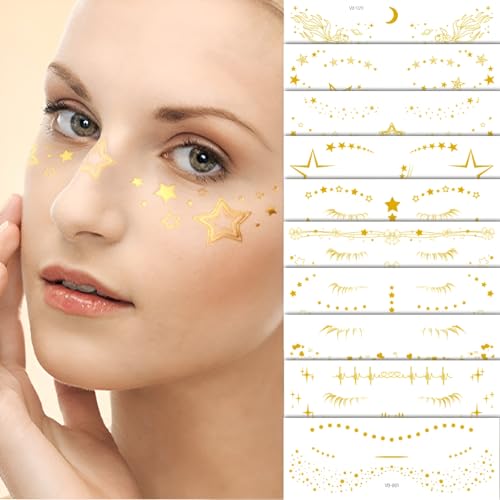 10Pcs Gold Glitter Star Freckles Tattoo Sticker,Faux Freckle Patches Waterproof Temporary Tattoos Heart Design,Gold Glitter Freckles Face Tattoo,Cute Glitter Makeup Accessories for Women Girls
