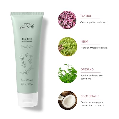100% PURE Tea Tree Clear Complexion Cleanser Face Wash Natural Botanic Foam Acne Blemish Treatment Deep Skin Cleansing Pore Declogger - Vegan - 3.4oz
