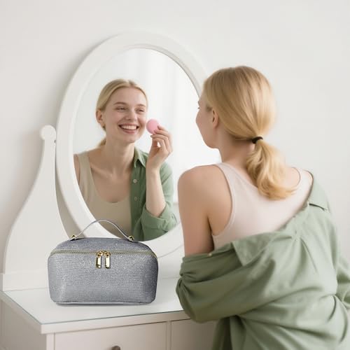 Large Capacity Travel Cosmetic Bag - Portable Makeup Bags for Women Waterproof Makeup Organizer Bags with Dividers and Handle,Toiletry Bag for Cosmetics Silver