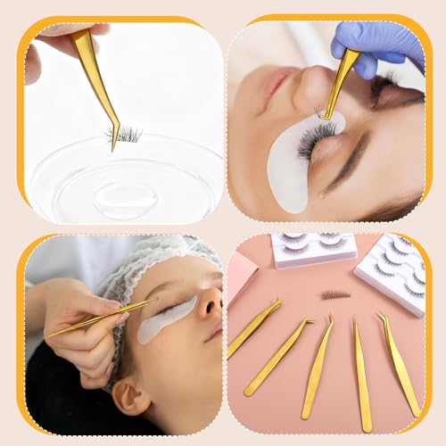 5 Pcs Lash Tweezers Set High Precision Stainless Steel Eyelash Tweezers Gold Curved Volume Professional Applicator Individual Lash Extensions Tool with Storage Box for Classic