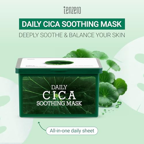 tenzero Daily Cica Soothing Mask (30 Sheets), Calming, Redness Soothing & Hydrating Face Mask, For Sensitive Skin with Centella Asiatica, Plant-based Cellulose Mask, For Daily Use, Korean Skincare