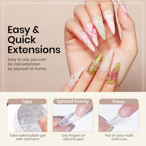 MIZHSE 100g Solid Builder Gel for Nails, Large Capacity Clear Hard Gel 3D Sculpting for Nail Art U V LED Builder Kit with 3D Silicone Pen, for Salon Home DIY