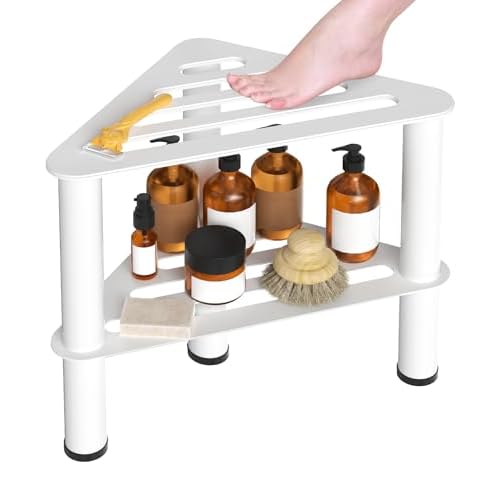 Metal Corner Shower Stool for Bathroom, Waterproof & Rustproof, Double Layer Inside Shower Rest Bench for Shaving Legs, Bathroom Stool, Spa Foot Step, Small Step Stools (White)