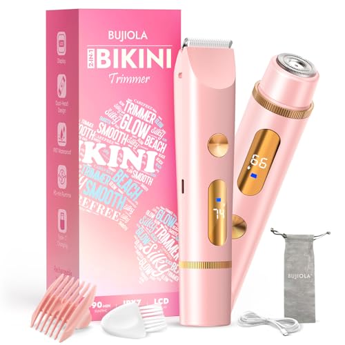 2025 Upgraded Bikini Trimmer for Women, Dual-Head Shaver with LCD Display, Ceramic-Blade Pubic Hair Trimmer, IPX7 Waterproof Wet & Dry Shower Shaver, Travel-Ready Gift Pouch(Pink)