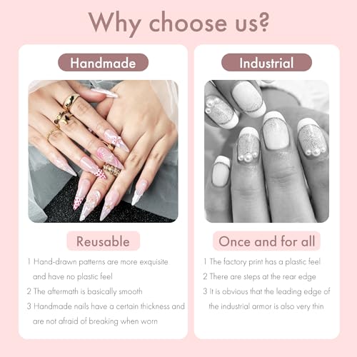 Petal Whisper 10PCS Long Pink Floral Gradient Press On Nails, 3D Flower Pearl Gold Accent Elegant Wedding Fake Nails for Women, Soft Glam Korean Style Acrylic UV Gel Press-On Nails Set (Pink, M)
