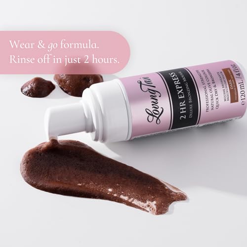Loving Tan 2 HR Express Mousse, Dark + Mitt- Streak Free, Natural looking, Professional Strength Sunless Tanner- Up to 5 Self Tan Applications per Bottle, Cruelty Free, Naturally Derived DHA - 4 FL Oz
