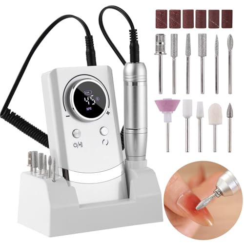 Electric 45000RPM Nail Drill Machine Rechargeable Portable Nail File Electric DIY Nail Drill Kit with Smart LCD Screen for Gel Nail Manicure and Pedicure Reflective Body etc (White)