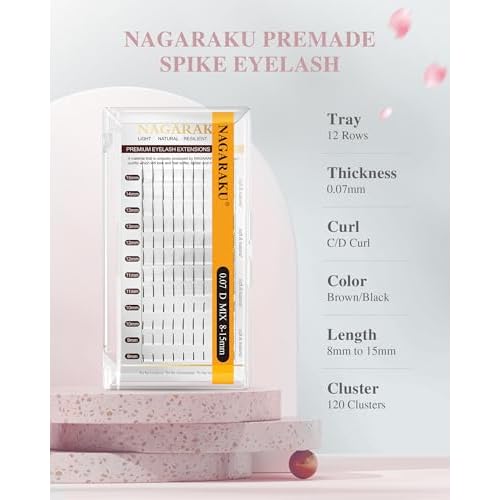 NAGARAKU Spikes Eyelash Extensions Wispy Lash Premade Fan Matte Black Individual Ellipse Spikes Fans Fairy Eyelashes DIY Cluster Classic Lash Professional Supplies for Lash Techs -0.07mm C curl 11mm