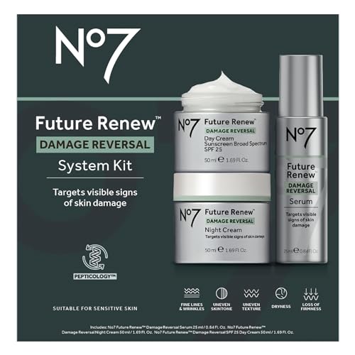 No7 Future Renew Damage Reversal Skincare Set - Anti Aging Face Serum (.33 Fl Oz), Day Cream with SPF 25 (1.69 Fl Oz) & Night Cream (1.69 Fl Oz) - Reverses Visible Signs of Sun Damage - 3-Piece Set | Damage Reversal, Day Cream, SPF 25, Night Cream