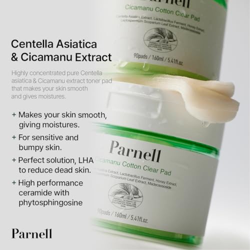 Parnell Cicamanu Cotton Clear Pad | Gentle Daily Exfoliating & Soothing Pads for Acne Prone Sensitive Skin | Cica LHA PHA Ceramide HA | Unbleached Biodegradable (90 Count)