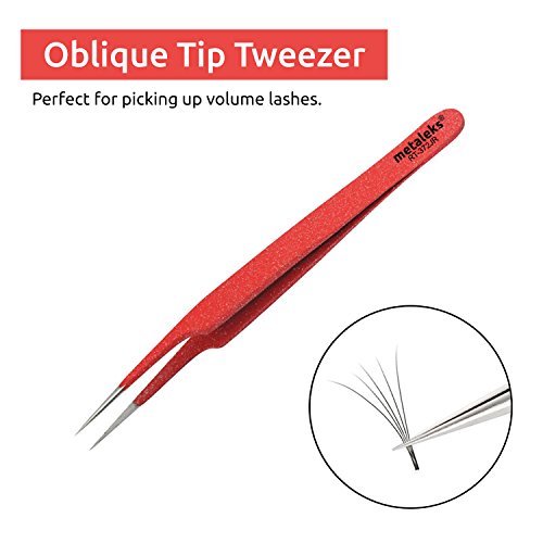 Tweezers for Eyelash Extension Hand Crafted Surgical Stainless Steel Red Metallic Powder Coating. (Oblique Tip)