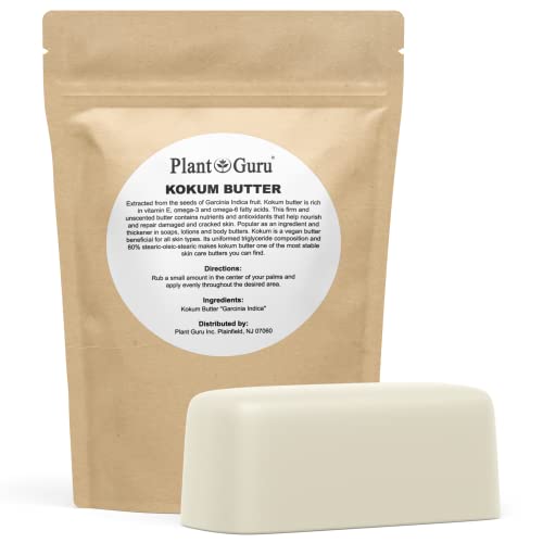 Plant Guru Raw Kokum Butter 1 lb. Bar 100% Pure Natural - Great for Skin, Body and Hair Moisturizer, DIY Creams, Balms, Lotions and Soap Making.
