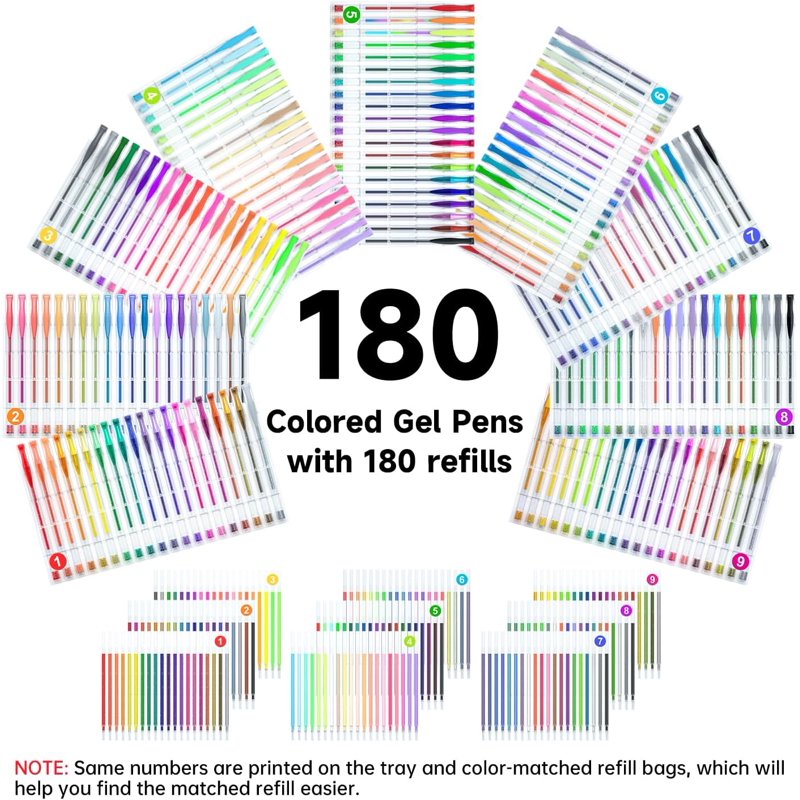 Gel Pen Set with 180 Colors & 180 Refills for Adult Coloring & Art